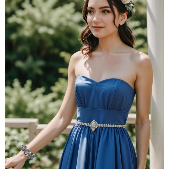 Women's Blue Gold Victorian Style Crystal Simulated Inspired Stretch Bracelet - Picture 3 of 6